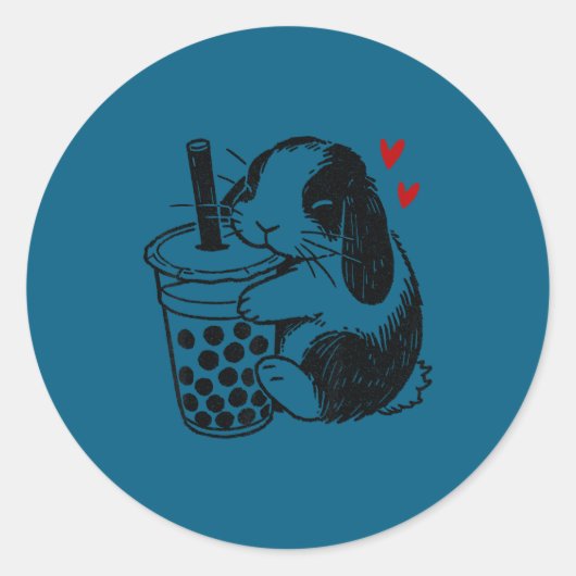 Holland Lop Rabbit Loves Boba Tea Bunny & Bubb Runder Aufkleber (Vorderseite)