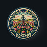 Holland Netherlands Travel Art Abzeichen Button<br><div class="desc">Holland Retrovektor-Reisedesign. Holland ist eine geographische Region und ehemalige Provinz an der Western Küste der Niederlande.</div>