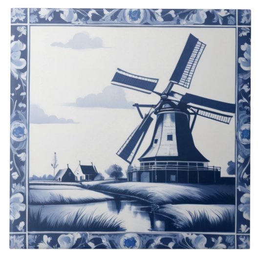 Holland Netherlands Windmill Delft Blue und White Fliese (Vorderseite)