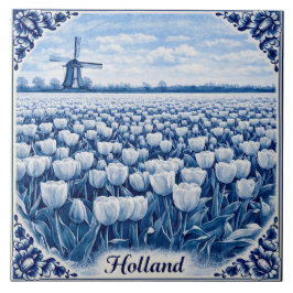 Holland tulips Delft Blue style ceramic tile Fliese