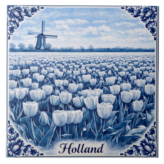 Holland tulips Delft Blue style ceramic tile Fliese (Vorderseite)