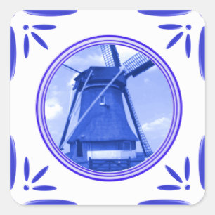 Holland Windmühle Delft-Blau-Fliesen-Optik Bedruck Quadratischer Aufkleber