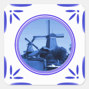 Holland Windmühlen Delft-Blau-Fliesen-Optik gedruc Quadratischer Aufkleber