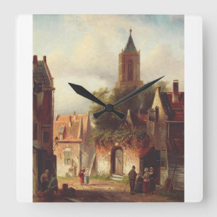 Holländische Stadtansicht von Charles Leickert Lan Quadratische Wanduhr