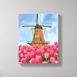 Holländische Windmühle Tulpen Blumenfeld Aquarell Leinwanddruck
