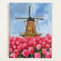 Holländische Windmühle | Tulpenblumenfeld Aquarell