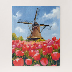 Holländische Windmühle Tulpenfeld Landschaft Aquar Puzzle