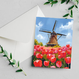 Holländische Windmühle Tulpenfeld Wasserfarben Gem