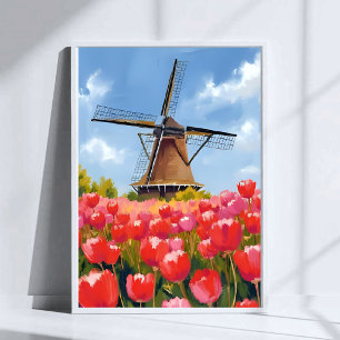Holländische Windmühlen-Tulpenfeld-Landschaft Aqua Poster