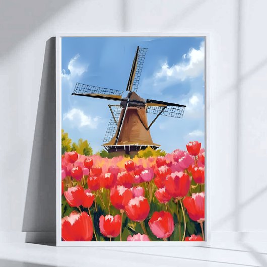 Holländische Windmühlen-Tulpenfeld-Landschaft Aqua Poster