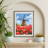 Holländische Windmühlen-Tulpenfeld-Landschaft Aqua Poster