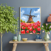 Holländische Windmühlen-Tulpenfeld-Landschaft Aqua Poster