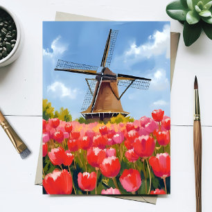 Holländische Windmühlen-Tulpenfeld-Landschaft Aqua Postkarte