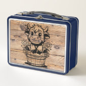 Höllenkuh in Eimern Blau/Imitate Holzkorn Metall Brotdose (Vorderseite)