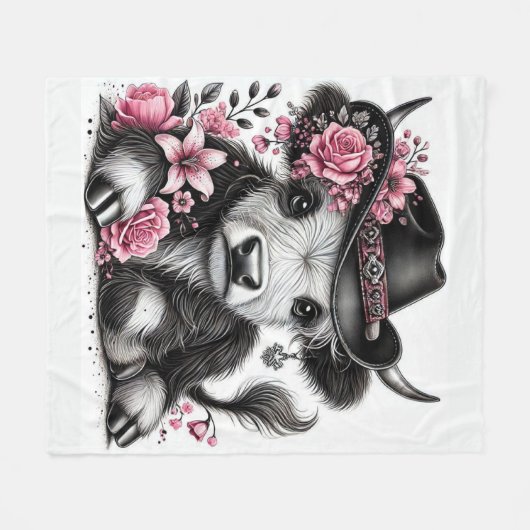 Höllenkuh mit Blumenhut Fleecedecke (Vorderseite (Horizontal))