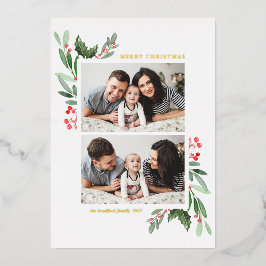 Hollies and Greenery Zwei Foto Frohe Weihnachten Folien Feiertagskarte