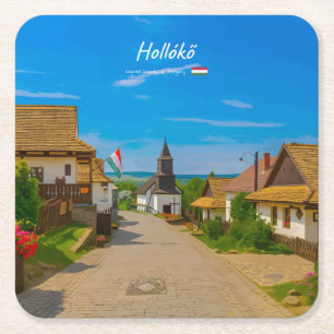 Hollókő, Ungarn - Historische Dorfstraße Rechteckiger Pappuntersetzer
