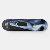 Hollow-eyed phantom witch etching on blue-black skateboard (Horizontal)