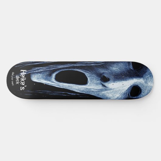 Hollow-eyed phantom witch etching on blue-black skateboard (Horizontal)