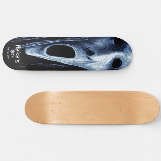 Hollow-eyed phantom witch etching on blue-black skateboard (Horizontal)