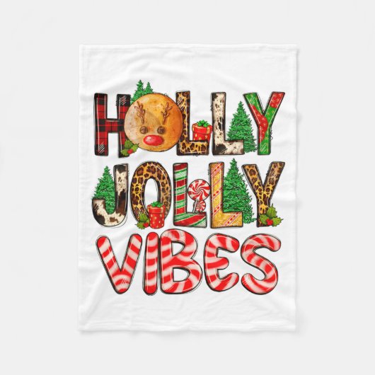 Holly A Jolly Vibes Reindeer Christmas Trees Light Fleecedecke (Vorderseite)