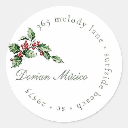 Holly and Berries Holiday Green Red Address Label Runder Aufkleber (Vorderseite)