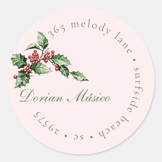 Holly and Berries Holiday Green Red Address Label Runder Aufkleber (Vorderseite)