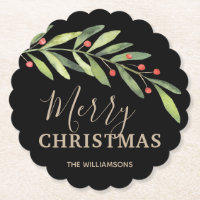 Holly and Berries on Black Merry Christmas Scallop