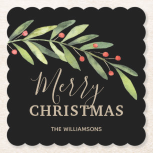 Holly and Berries on Black Merry Christmas Scallop Untersetzer
