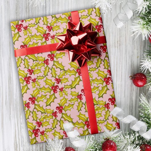 Holly and Berries on Pink Festive Whimsy Christmas Geschenkpapier