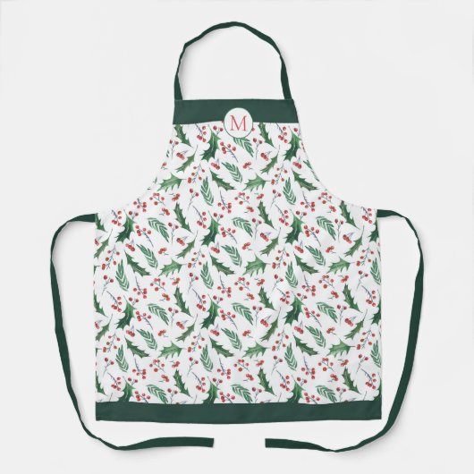 Holly and Berry Christmas Pattern Monogram Schürze (Vorderseite)