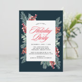Holly and Evergreen Holiday Party Einladung (Stehend Vorderseite)