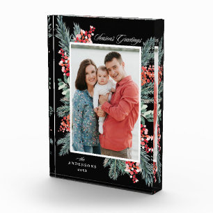Holly and Evergreen Season's Greetings Holiday Fotoblock