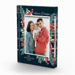 Holly and Evergreen Season's Greetings Holiday Fotoblock