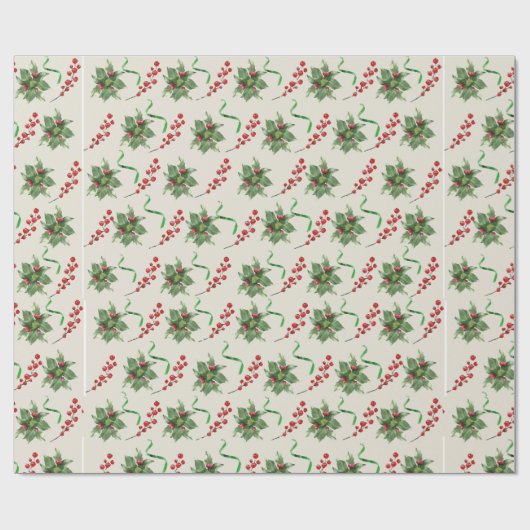 Holly and Green Ribbon Wrapping Paper Geschenkpapier (Flach)