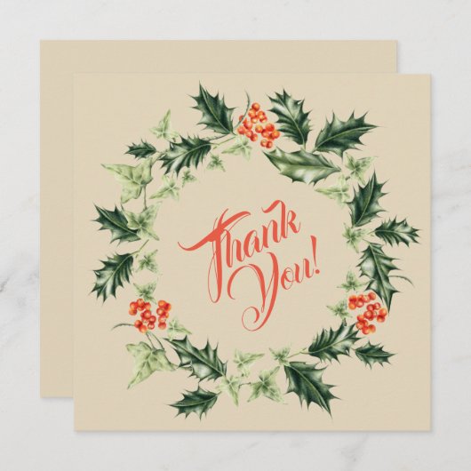 Holly and Ivy Botanical Christmas Wreath Dankeskarte (Vorne/Hinten)
