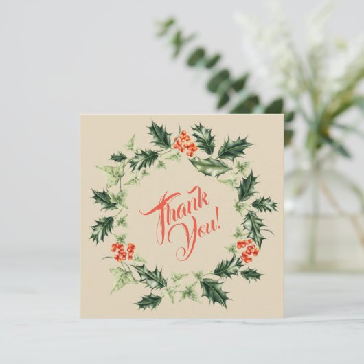 Holly and Ivy Botanical Christmas Wreath Dankeskarte (Stehend Vorderseite)
