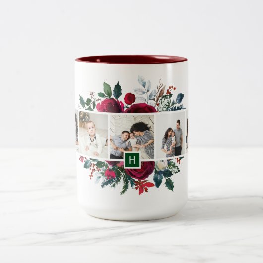 Holly and Pine 5 Foto Collage Monogram Christmas Zweifarbige Tasse (Mittel)