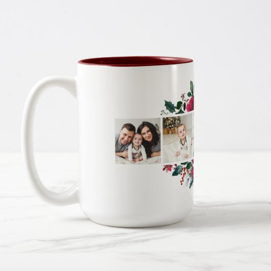 Holly and Pine 5 Foto Collage Monogram Christmas Zweifarbige Tasse (Links)