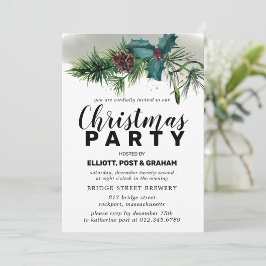 Holly and Pine Botanical Christmas Party Einladung (Stehend Vorderseite)
