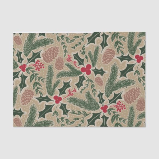 Holly and Pine Cone Evergreen Weihnachtsdekoupage Seidenpapier (Vorderseite)