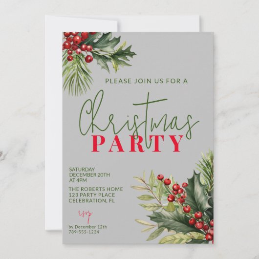 Holly and Pine Gray Festliches Weihnachtsfest Part Einladung (Vorderseite)