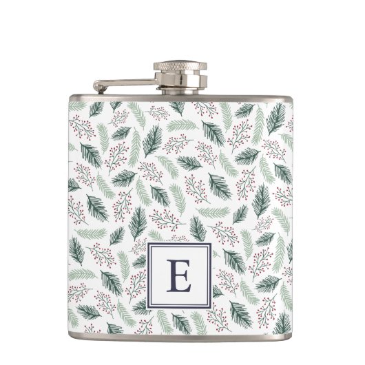 Holly and Pine Mit Monogramm Weihnachten Flachmann (Vorderseite)