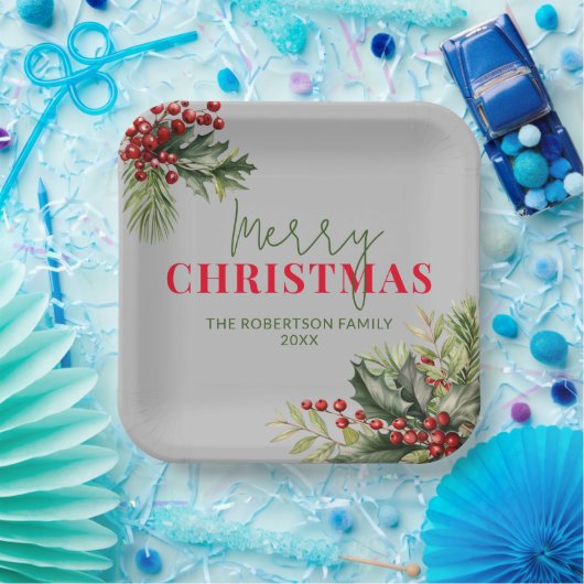 Holly and Pine on Gray Christmas Party Pappteller (Party)