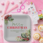 Holly and Pine on Gray Christmas Party Pappteller (Party)