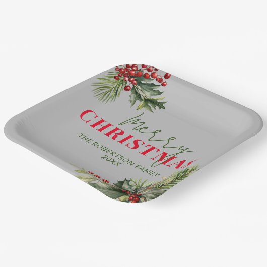 Holly and Pine on Gray Christmas Party Pappteller (Gewinkelt)