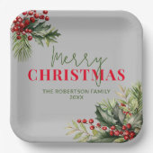 Holly and Pine on Gray Christmas Party Pappteller (Vorderseite)