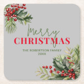 Holly and Pine on Gray Christmas Party Rechteckiger Pappuntersetzer (Vorderseite)