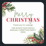 Holly and Pine on White Christmas Gastgeschenks Quadratischer Aufkleber<br><div class="desc">Holly und Pine on White Christmas Gastgeschenks Stickers für Ihre Feier Urlaub Gefallen. Schönes Spray aus heiligen,  roten Beeren und Kiefern auf den Gastgeschenken für eine festliche Feier.</div>