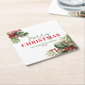 Holly and Pine on White Christmas Party Rechteckiger Pappuntersetzer (angewinkelt)